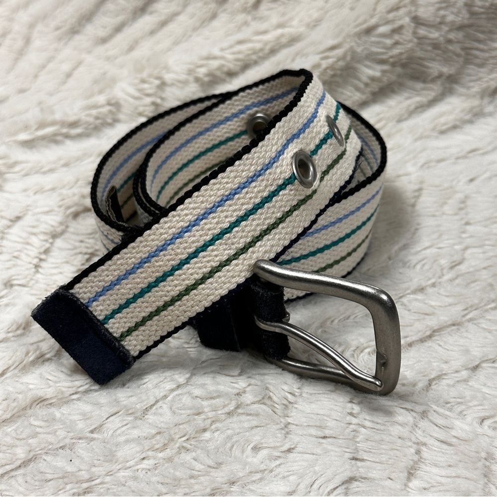 Eddie Bauer Suede Multi-Colored Canvas Striped Belt Unisex Preppy Business S/P